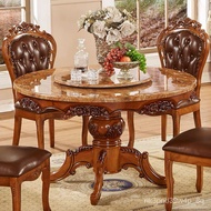 HY-# European-Style round Table Marble Dining Tables and Chairs Set Wood Carved round Table Home Dining Table Full Set L