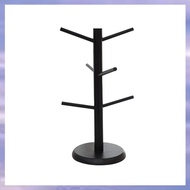 (RKMW) Bamboo Coffee Cup Holder with 6 Hooks Thickened Base Black Mug Tree Counter Storage Rack