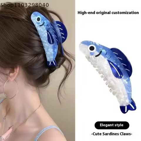 Creative Blue Sardine-Shaped Hair Claw Clip, Non-Slip Cartoon Design, Lightweight Acetate Hair Barre