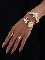 4pcs Metal Elegant Ocean Style Starfish & Shell Bracelet & Ring Set, Adjustable, Women Summer Beach 