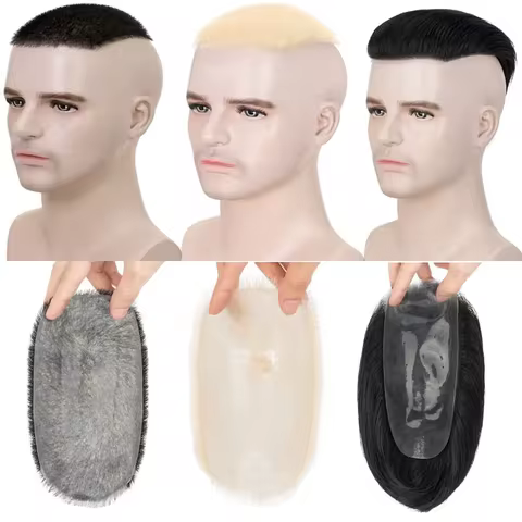 Men Hair Toupee Wig 100% Human Hair Men Toupee Buzz Cut Hair System Super Thin Skin Natural Black Bl