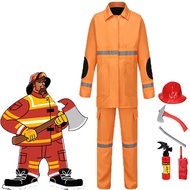 Fireman Cosplay Costume For Kids Boy Orange Suit Hat Accessories Halloween Carnival Party Full Set