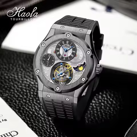 Haofa GMT Manual Tourbillon Man Watch Sapphire Moon Phase Flying Tourbillon Mechanical Men's Luxury 