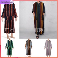Spring Summer New Fashion Long Sleeve One-Piece Men's Clothing Striped Print Muslim Men's Robe 8S69