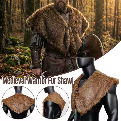 Men's Viking Warrior Fur Collar Shoulder Cape Shawl Medieval Faux Fur Cloak Winter Clothes Halloween