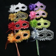 Fashion Venetian Masquerade Mask with Holding Stick for Women Feather Mardi Gras Masks Masquerade Ba