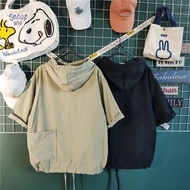 Hong Kong style BF Harajuku style hooded pullover short-sleeved sweatshirt men's tr港味BF原宿风连帽套头短袖卫衣男潮