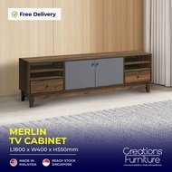 Walnut 180cm Tv Cabinet with 2 Drawer 2 Door 6ft TV Console Living Hall Furniture Media Storage Cupboard  - MERLIN