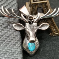 Biker/Rocker Stainless Steel Deer Head Antler Inlay Turquoise Stone Pendant.