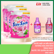 Combo 3 túi nước giặt Lix siêu sạch hương hoa anh đào thơm mát tặng 1 chai nước tẩy quần áo màu 400m