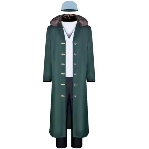 ♂♀✪Kuzan Cosplay Costume, Aokiji Outfit With Hat, Long Green Trench Coat with Fur Collar, Halloween 