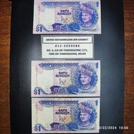 (AUNC) Malaysia $1 6th Series Gabenor Jaafar Hussein 3 pcs Running Number Old Notes Numismatic Duit Lama