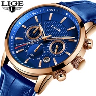 Men Watch LIGE Top Brand Blue Leather Chronograph Waterproof Sport Automatic Date Quartz Watches For