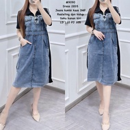 Dress Wanita lgn pdk Zipper collar Jeans Pocket 9090