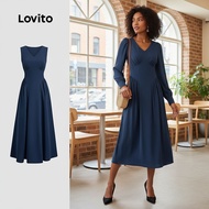Lovito Casual Dress Pleated Relaxation Spring/summer Navy Blue Dress for Women L151AD109 Lovito Gaun