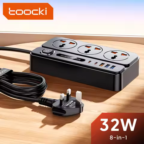 Toocki 8-in-1 32W GaN Power Strip 2500W Max Universal 3AC Outlet Socket Charger EU UK US Plug Adapte