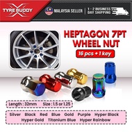 Heptagon Racing Steel Wheel Nut Set (16 pcs + 1 key); Nut Kereta; Chrome; Red; Blue; Black; Rays Nut