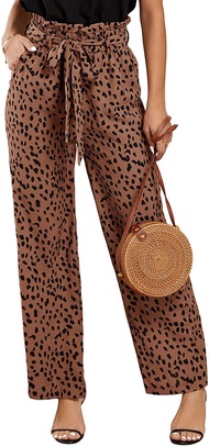 SySea Womens High Waisted Leopard Print Palazzo Pants Belted Wide Leg Long Trousers with Pockets