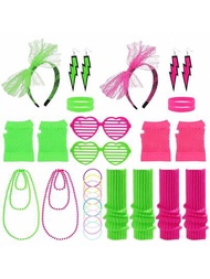 32入組1980年代霓虹輝煌裝扮服裝套裝,粉綠色復古派對服飾配件,包括女性頭帶、手套、項鍊、珠子、眼鏡、耳環、手鐲、腿套,80年代主題派對配件