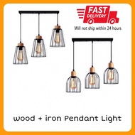 Pendant light 3 head Wood + Steel / E27 holder