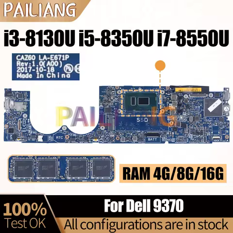 For DELL XPS 13 9370 Notebook Mainboard LA-E671P 0XNRD5 0YPVJW 0W970W 0XNRD5 I3 i5-8350U i7-8550U Wi