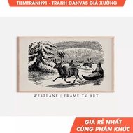 Wall painting, Reindeer Frame TV Art Vintage Landscape Sleigh Drawing Farmhouse TVC38, comes with ha