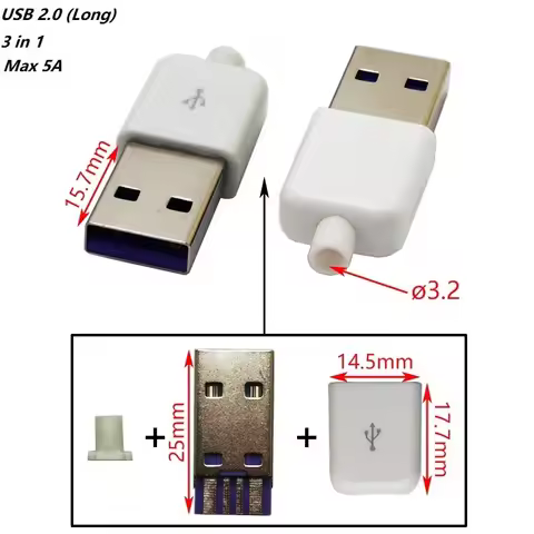 (5PCS) DIY USB 2.0 Male Jack (3 in 1) Max 5A USB 2.0 Connector Kits Assemble With Plastic Cover Dia.