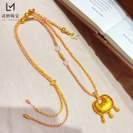 Golden Shop Same Style Sand Gold Baifu Gourd Bell Lock Butterfly Pink Rope Necklace Chinese Style Kn