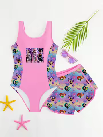 Kids Girls 2 Piece K-POP Cartoon Idol Print One Piece Swimsuit with Skirt Cover Up Summer Beach Swim
