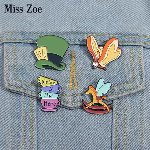 Cartoon Animation Movie Enamel Pins Custom We Are All Mad Here Cup Butterfly Brooch Hat Lapel Badge 