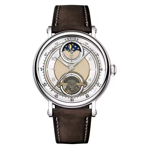 TEVISE New Automatic Mechanical Watch for Men Moon Phase Skeleton Watch Luminous Leather Strap Fashi