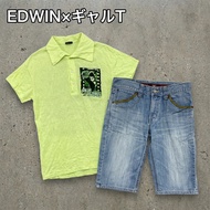【出售套裝】EDWIN The Collection Junk 98 牛仔短褲/牛仔褲、短袖印花襯衫、短袖 Polo 衫、Y2K 拉鍊外套、靛藍色、黃綠色、綠色、L 號（古著）