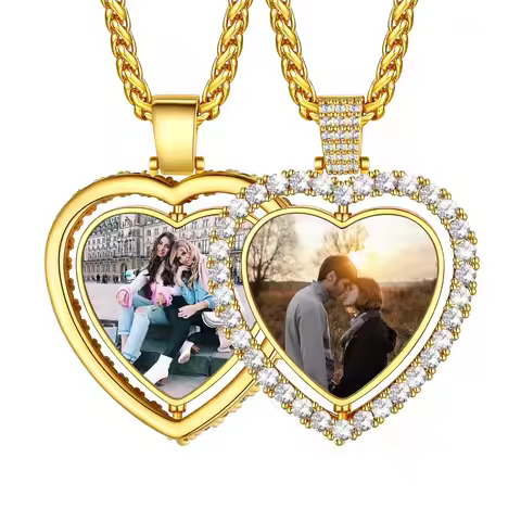 Customized Heart Photo Necklace Bling CZ Rotatable 2-Side Picture Pendant Valentine's Jewelry Gift f