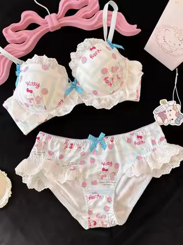 Kawaii Hello Kitty Japanese Color Blocked Kitty Cat Bow Underwear Girls Without Steel Circles Small 