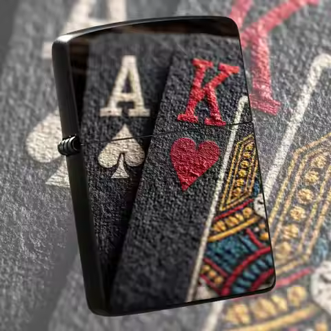 Vintage Black Pattern Poker AK Themed Flip-top Metal Lighter Refillable Windproof Kerosene Pocket Li