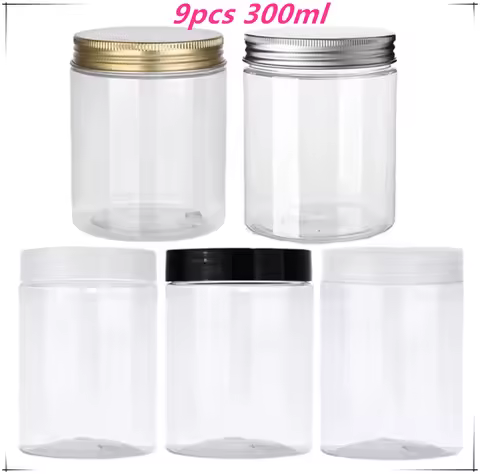 9pcs/lot 300ml Empty Plastic Jar Clear Wide Mouth Food Storage Jars For Candy Cookies Cosmetic Conta