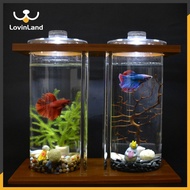 Lovinland Pet Aquarium Set Creative Bamboo and Wood Ecological Fighting Fish Tank Desktop Mini Fish Tank Aquarium (Including Cover, Lamp, Bottom Sand, Middle Baffle) )