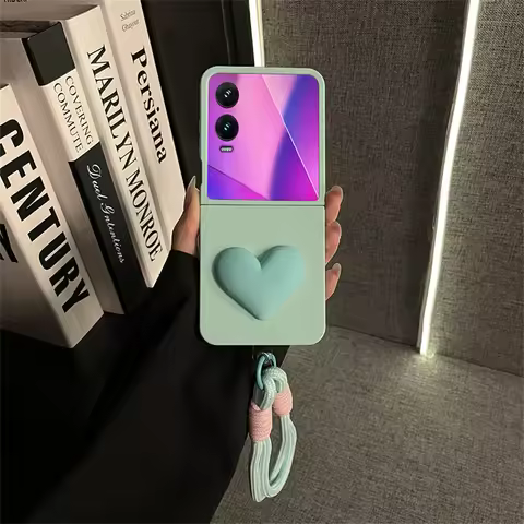 Ins Simple Korean 3D Love Heart Phone Case with Portable Rope for Infinix Zero Flip Tecno Phantom V 