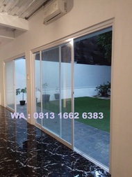 Pintu Sliding Aluminium Alexindo Warna Serat Kayu Ebony Plus Kusen 4 inch Komplit Plus Pasang