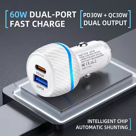 Dual Port 60W Fast Car Charger Carbon Fiber Texture Blue LED Light PD 30W QC 30W 12V-30V Cigarette L