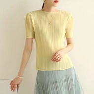 Pleated Short Sleeve Thin T-shirt Summer New Style Slim Fit Solid Color Versatile Round Neck Top for