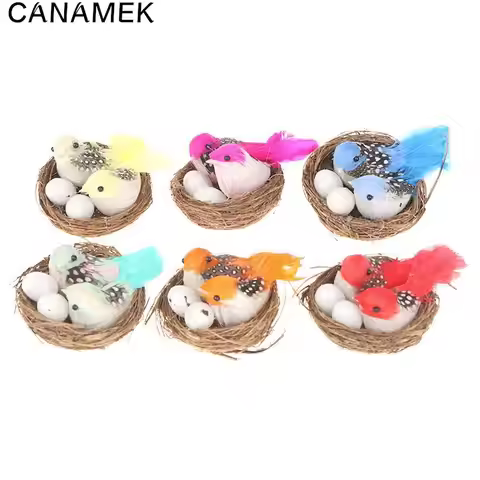 1 Set Artificial Feathered Birds & Nest & Egg Creative Craft Birds Sculpture Art Decoration Home Gar