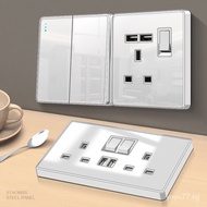 White tempered glass 13A British switch socket with USB socket British Standard wall panel