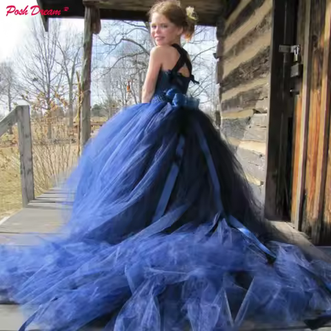 POSH DREAM Navy Blue Princess Girls Kids Tutu Dresses Girls Tulle Lace Flower Girl Dress with Long T