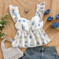 WYWH เสื้อเบลาส์สตรีทรงหลวมคอเหลี่ยมแขนสั้นสำหรับวันหยุด, เสื้อคอเหลี่ยมแขนสั้นลายดอกไม้สีชมพู