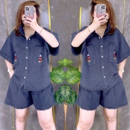 2641 SETELAN HP KEMEJA JEANS BORDIR SAKU MICKEY LD124 WANITA|ONE SET CELANA PENDEK|SETELAN DENIM|ONE