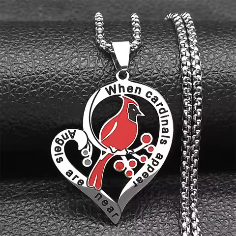 Heart Love Cardinals Pendant Necklace For Women Men Stainless Steel Silver Color Love Family Amulet