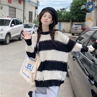 💥[A210] Áo len thun nữ Montoghi dệt kim kiểu DÁNG DÀI PHỐI RÁCH kẻ sọc phong cách năng động - L2M