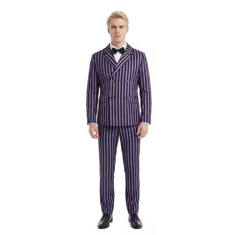 Movie Gomez Addams Cosplay Costume Adult Men Black Purple Striped Uniform Coat Pants Suit Halloween