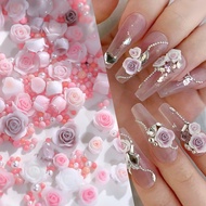 3D Nail Spring Summer Macaron Rose Pink Flower Charms Mixed Pearl Beads Rhinestone Decoration Nails 